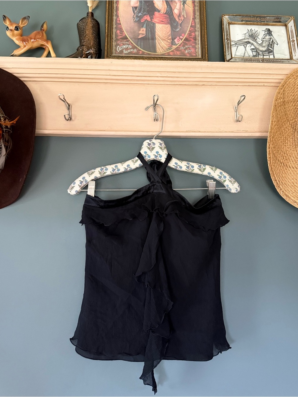 Vintage Y2K Black silk Halter Neck Ruffle Top Sz 4 / small